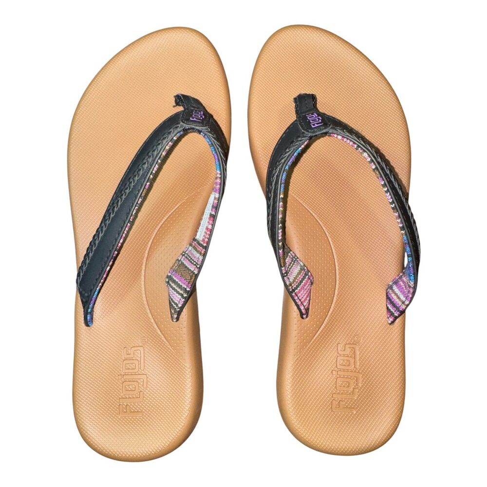 Flojos Flip Flops Women's Size 8 Floral Island Beach Black Brown Sandals Summer